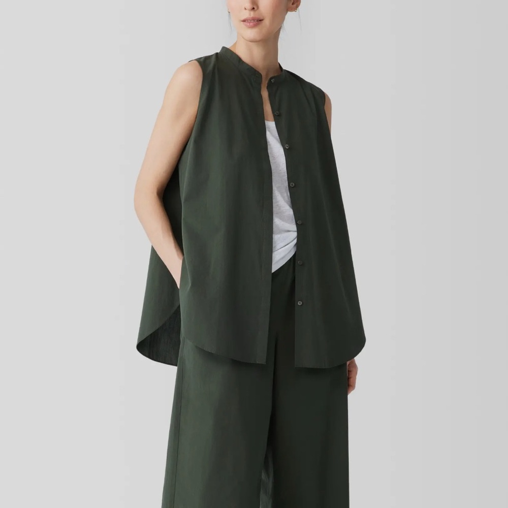 NWT Eileen Fisher Organic Cotton Poplin Buttondown Shirt Forest Green XXS